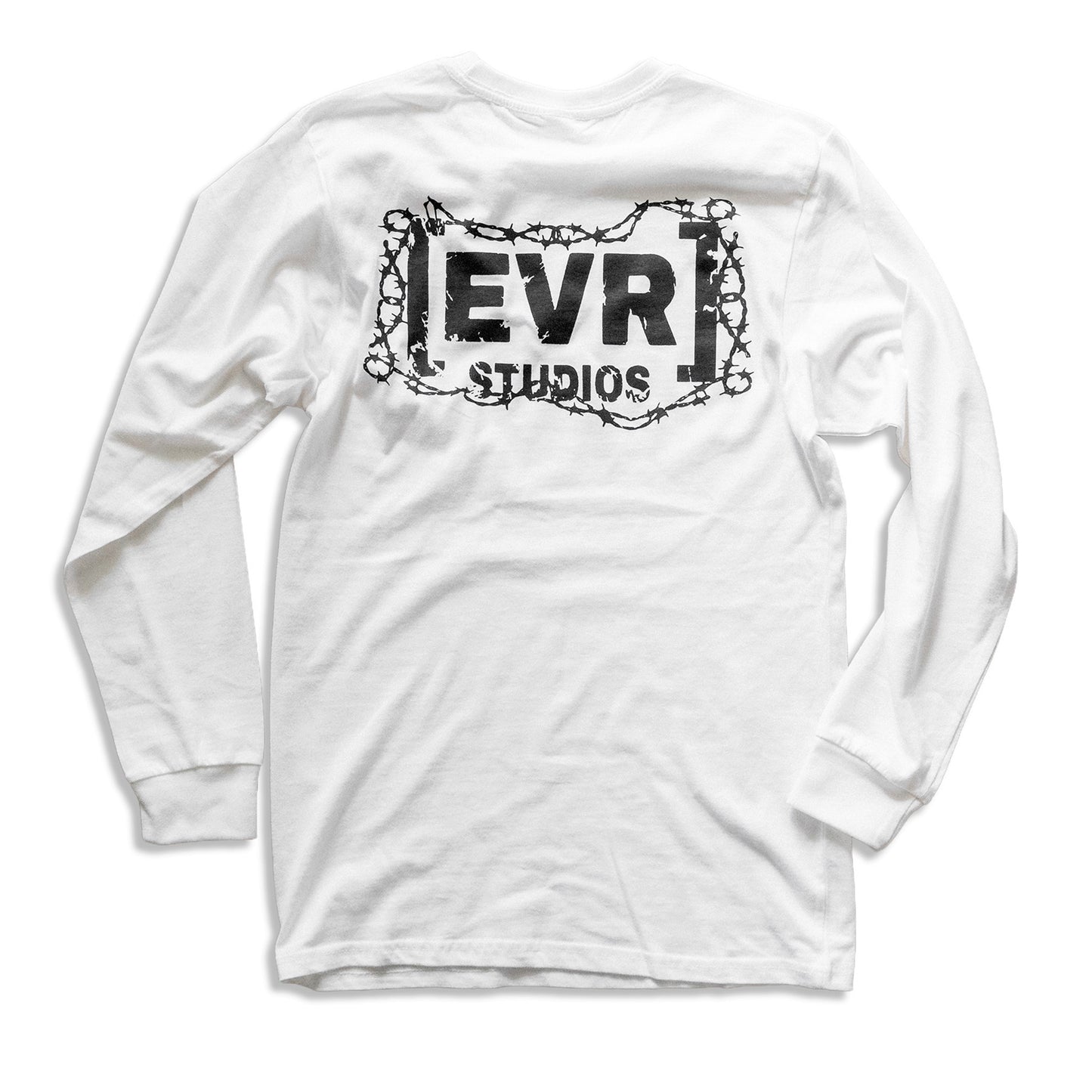 White long-sleeve shirt with 'EVR STUDIOS' logo on a white background
