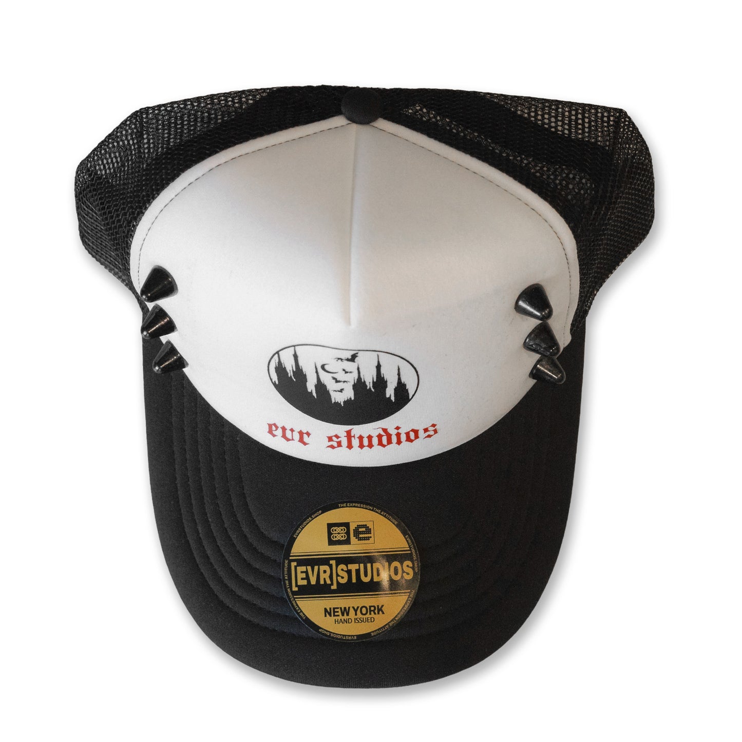 Black and white cap with 'evr studios' branding on a white background