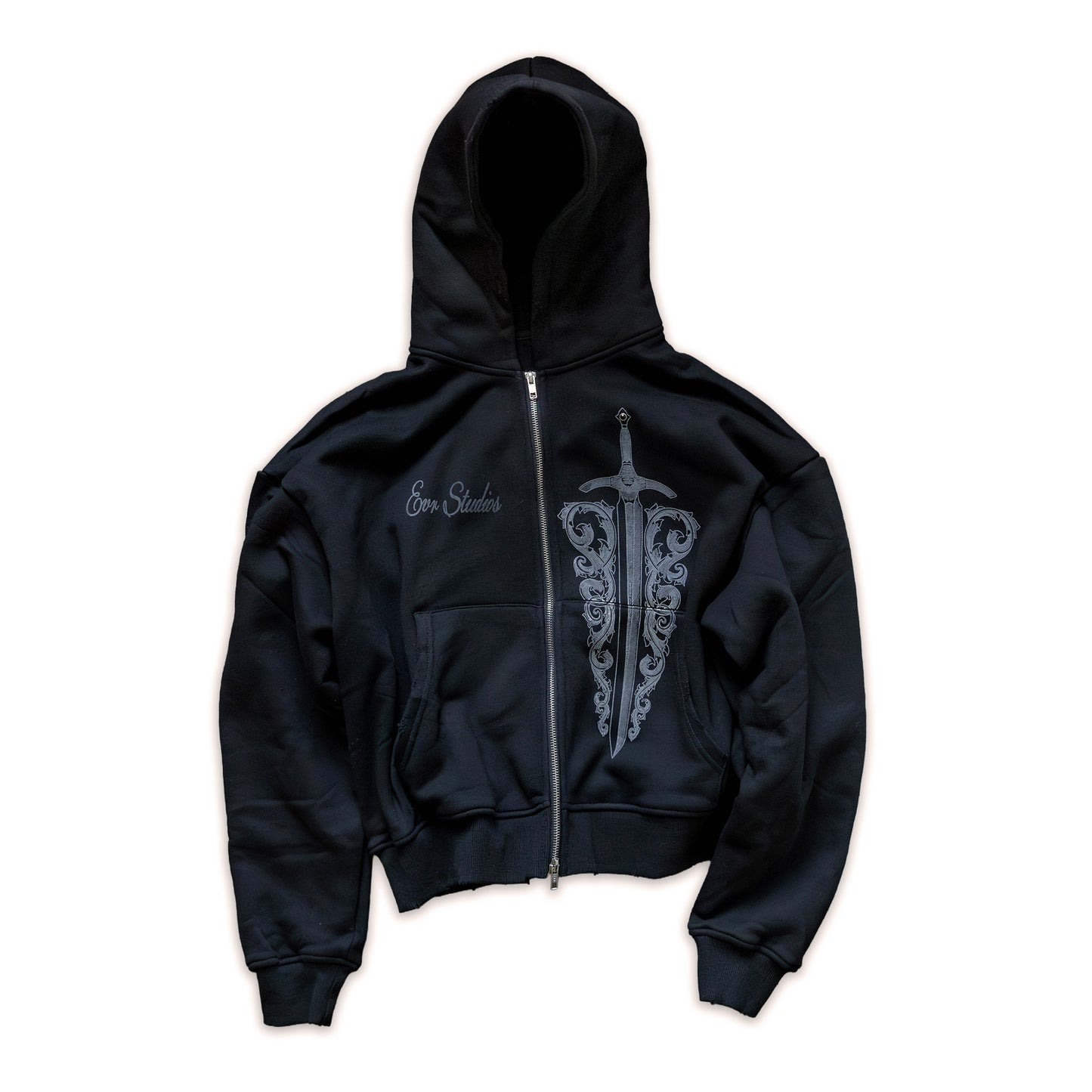 Black hoodie with a dagger design and text on a white background