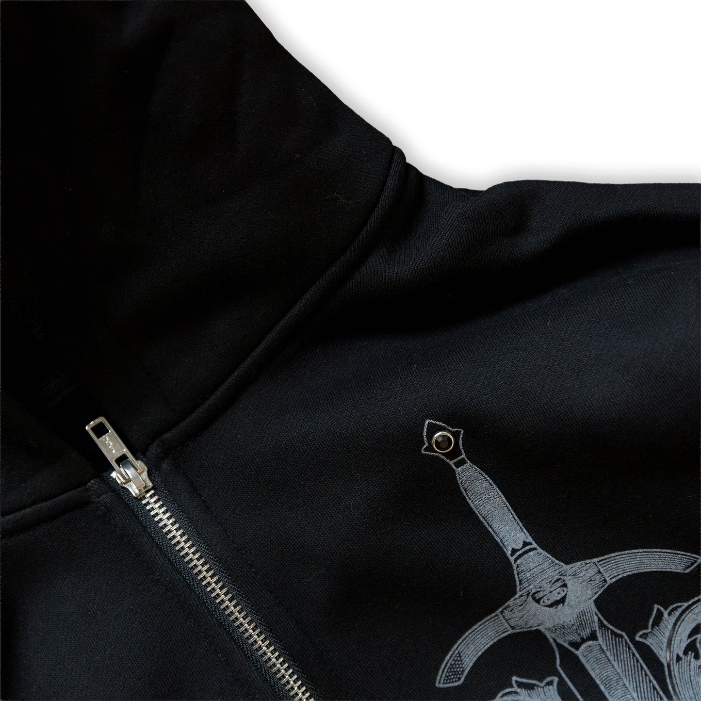 Black hoodie with zipper and graphic design on a white background