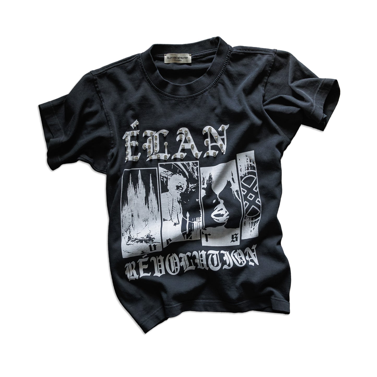 Black t-shirt with graphic design and text on a white background