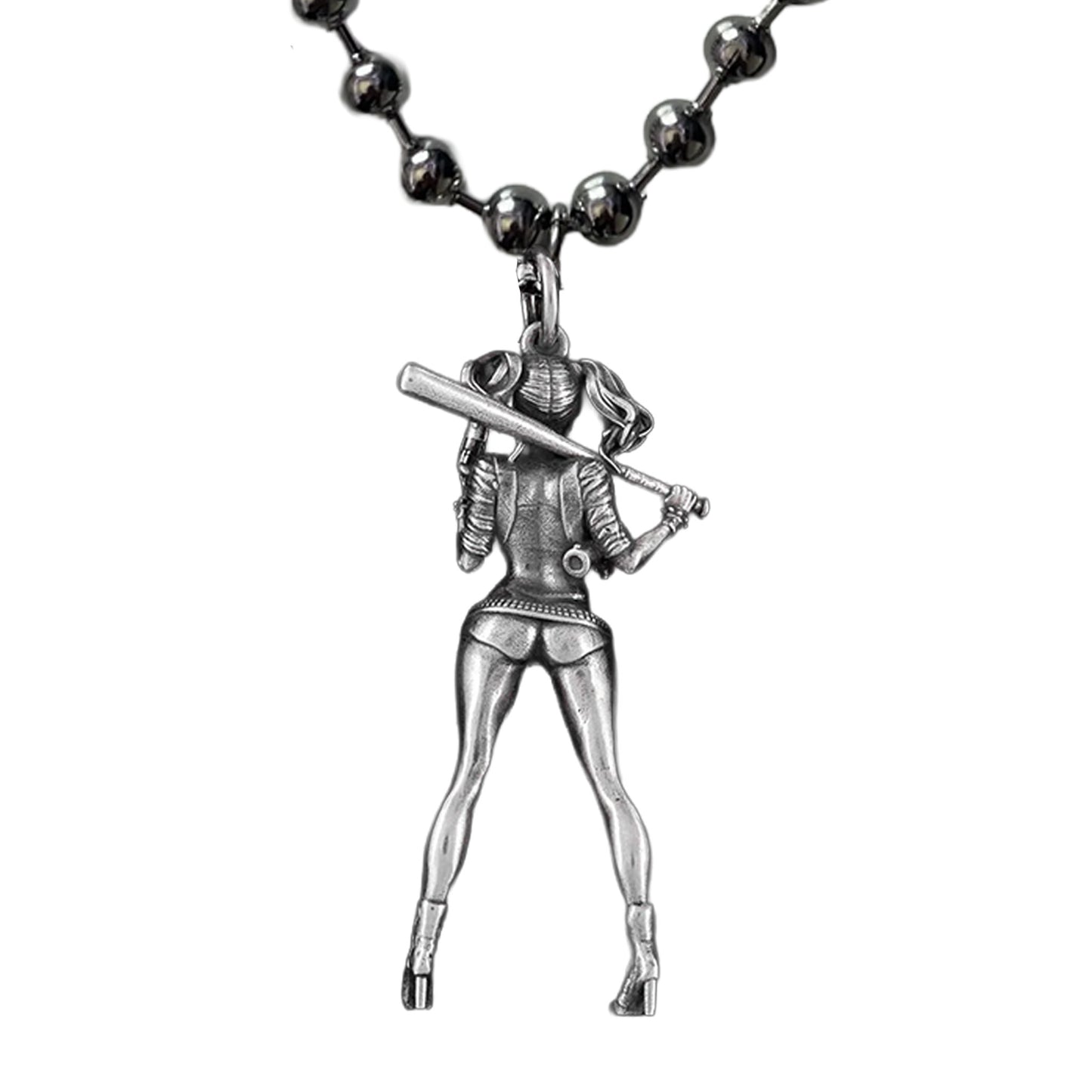 Silver pendant of a woman holding a baseball bat on a black bead chain against a white background