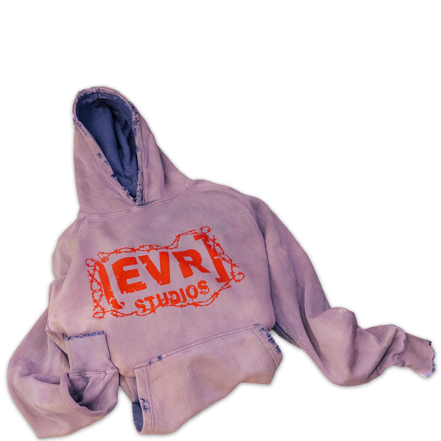Purple hoodie with 'EVR STUDIOS' logo on a white background