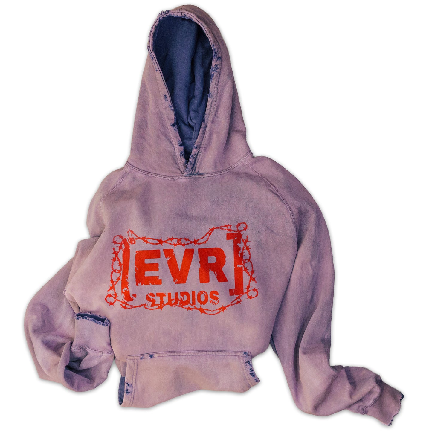 Purple hoodie with 'EVR STUDIOS' logo on a white background