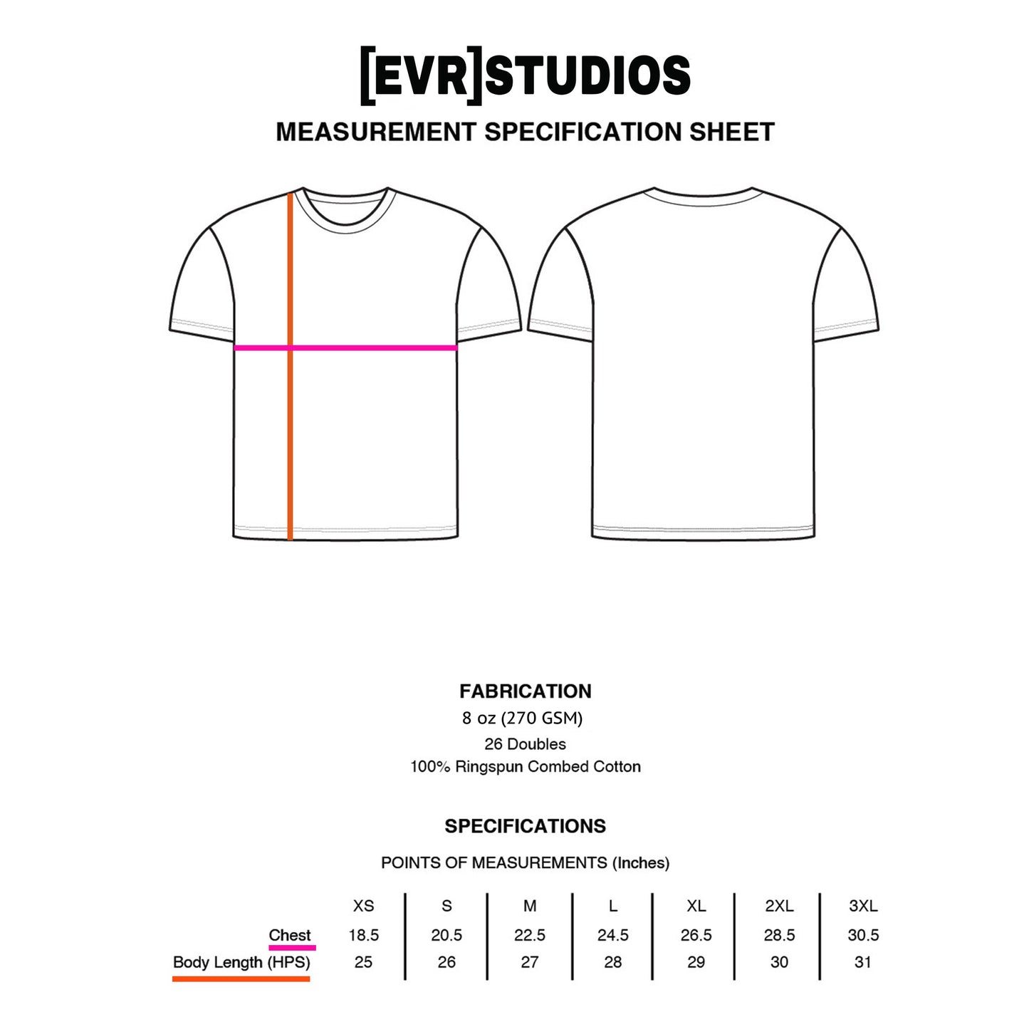Measurement specification sheet for a t-shirt with fabric details and size chart.