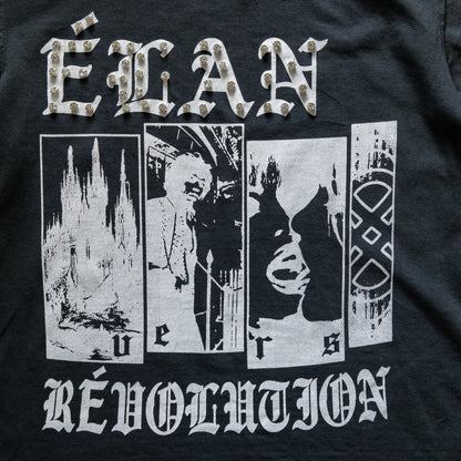 Black t-shirt with white graphic design and text on a dark background