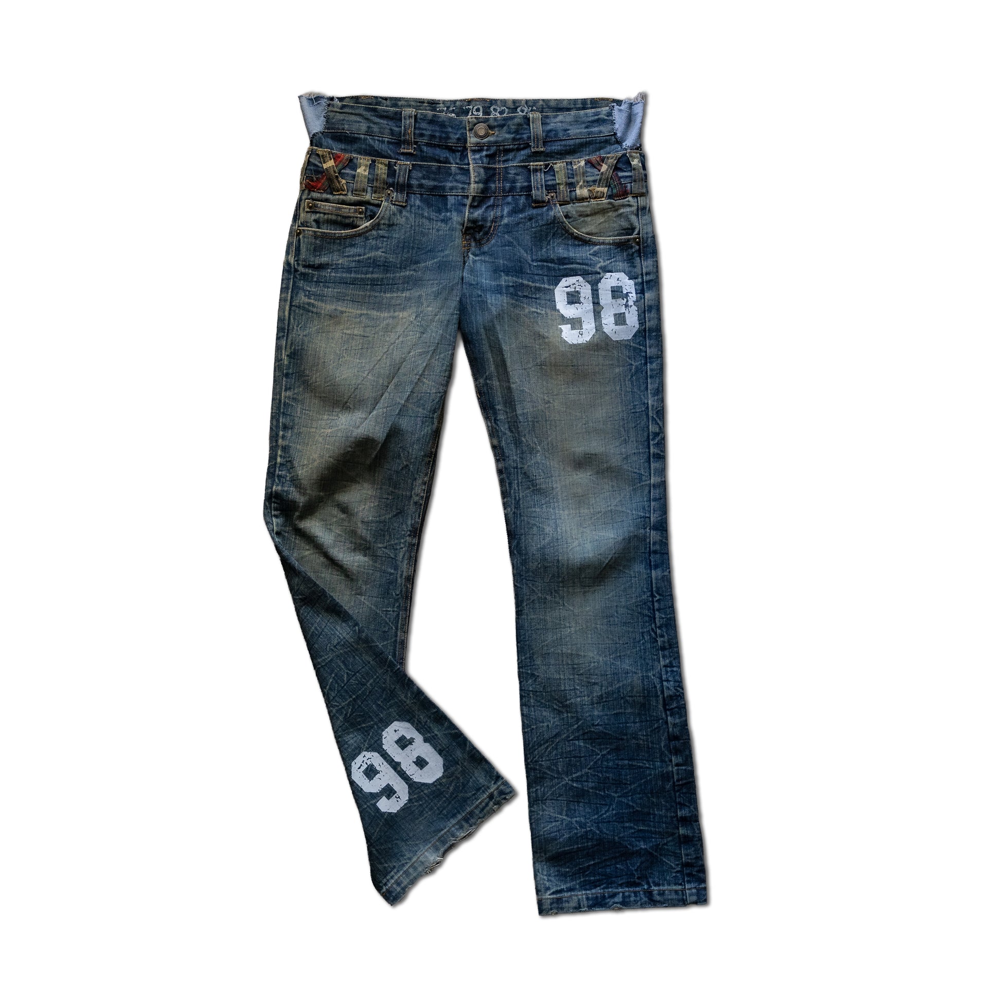 Blue jeans with the number 98 on a white background