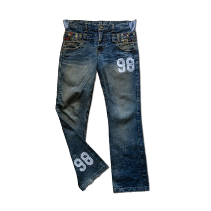 Blue jeans with the number 98 on a white background