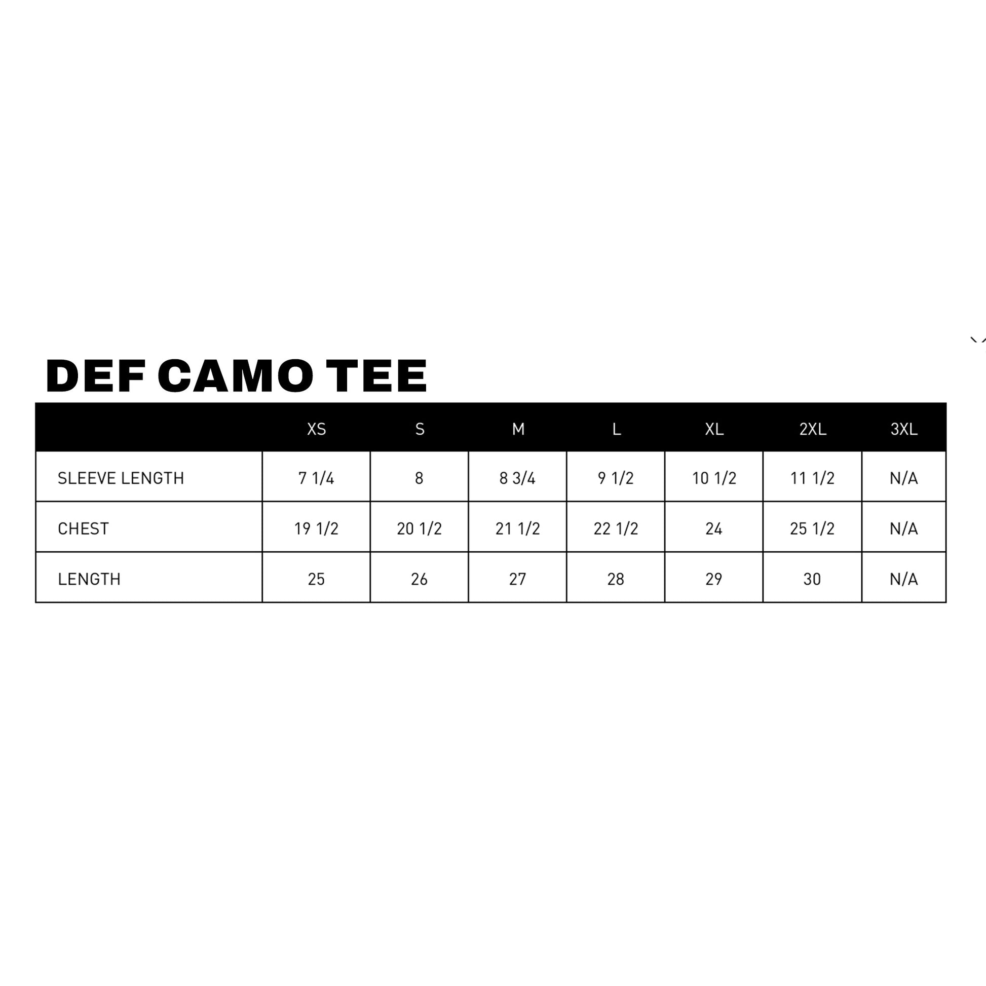 Size chart for DEF Camo Tee with measurements in inches.