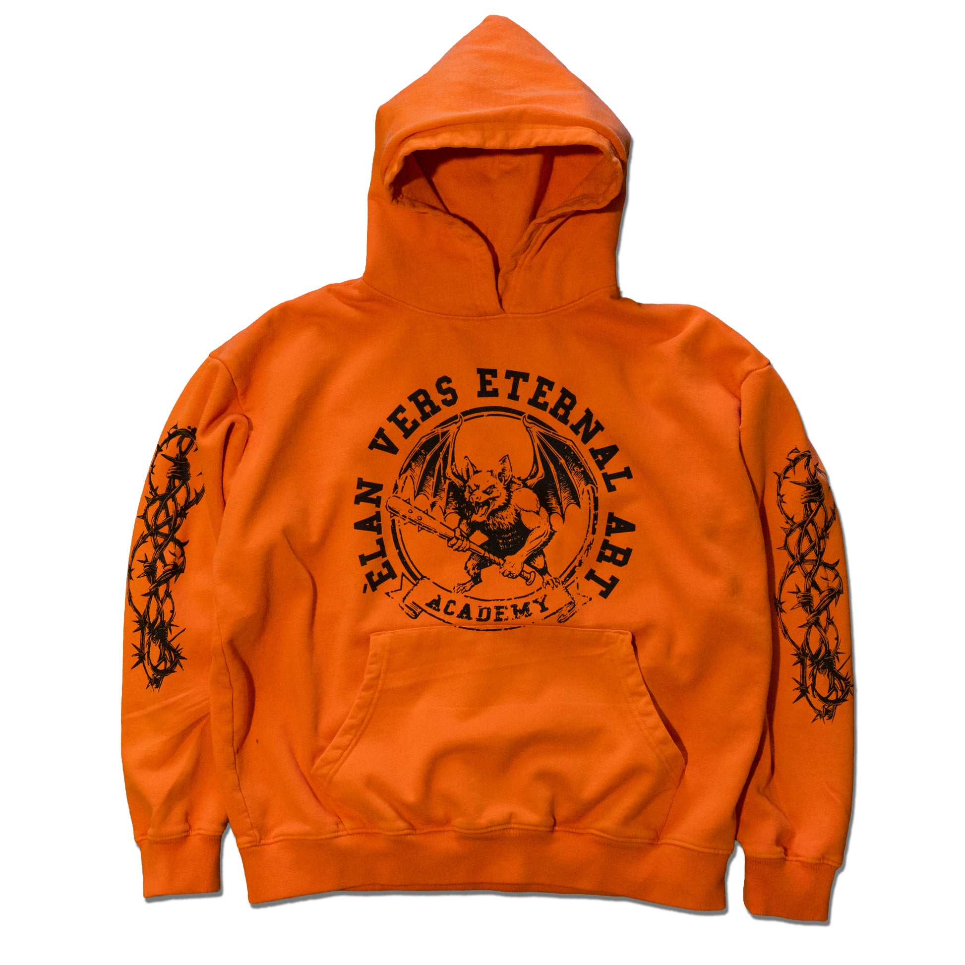 Orange hoodie with black graphics and text on a white background