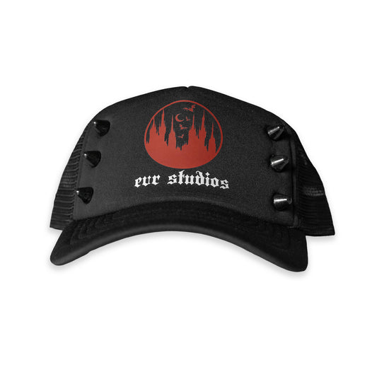 Black trucker cap with spikes, red and white logo on a white background