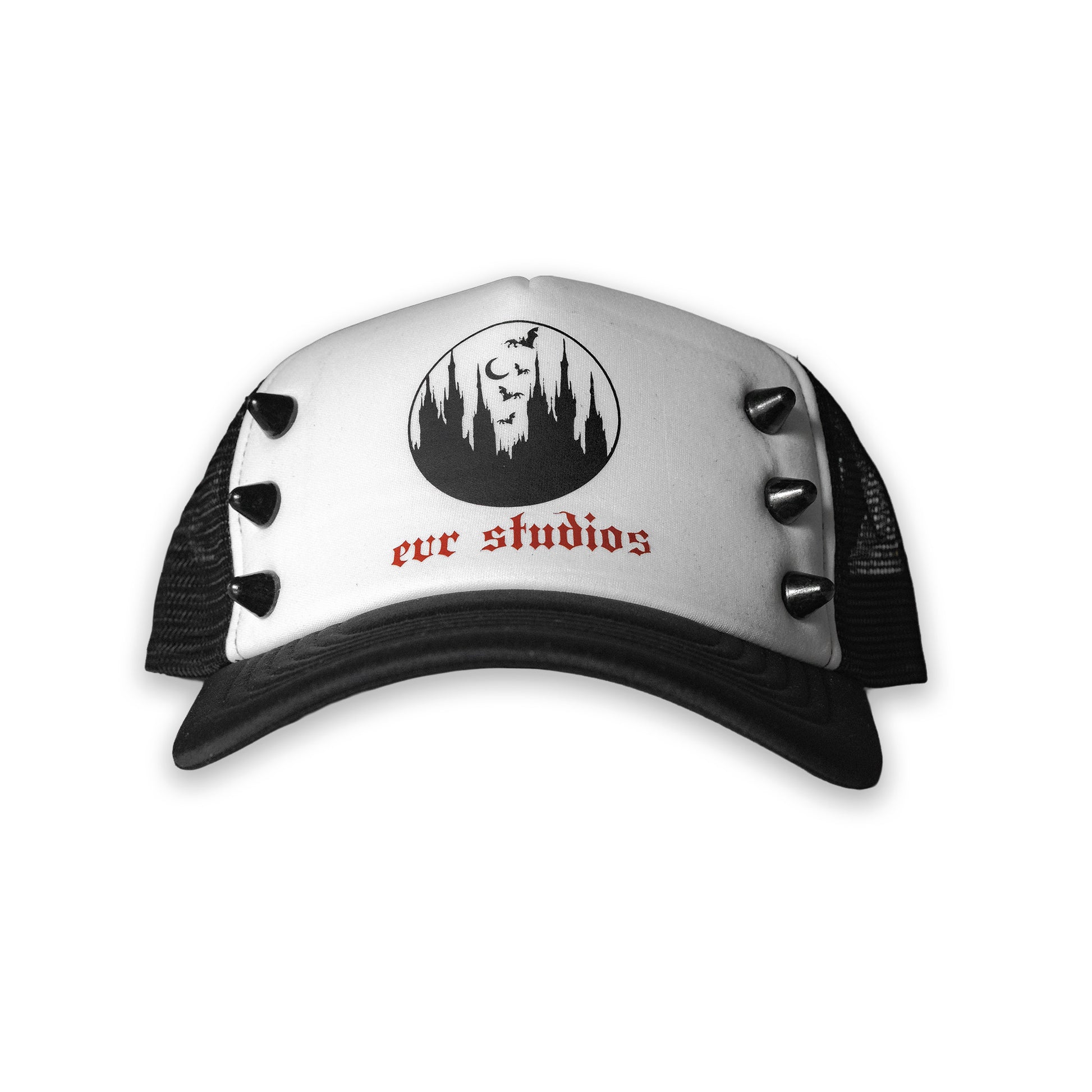 White cap with spikes, black visor and logo on a white background