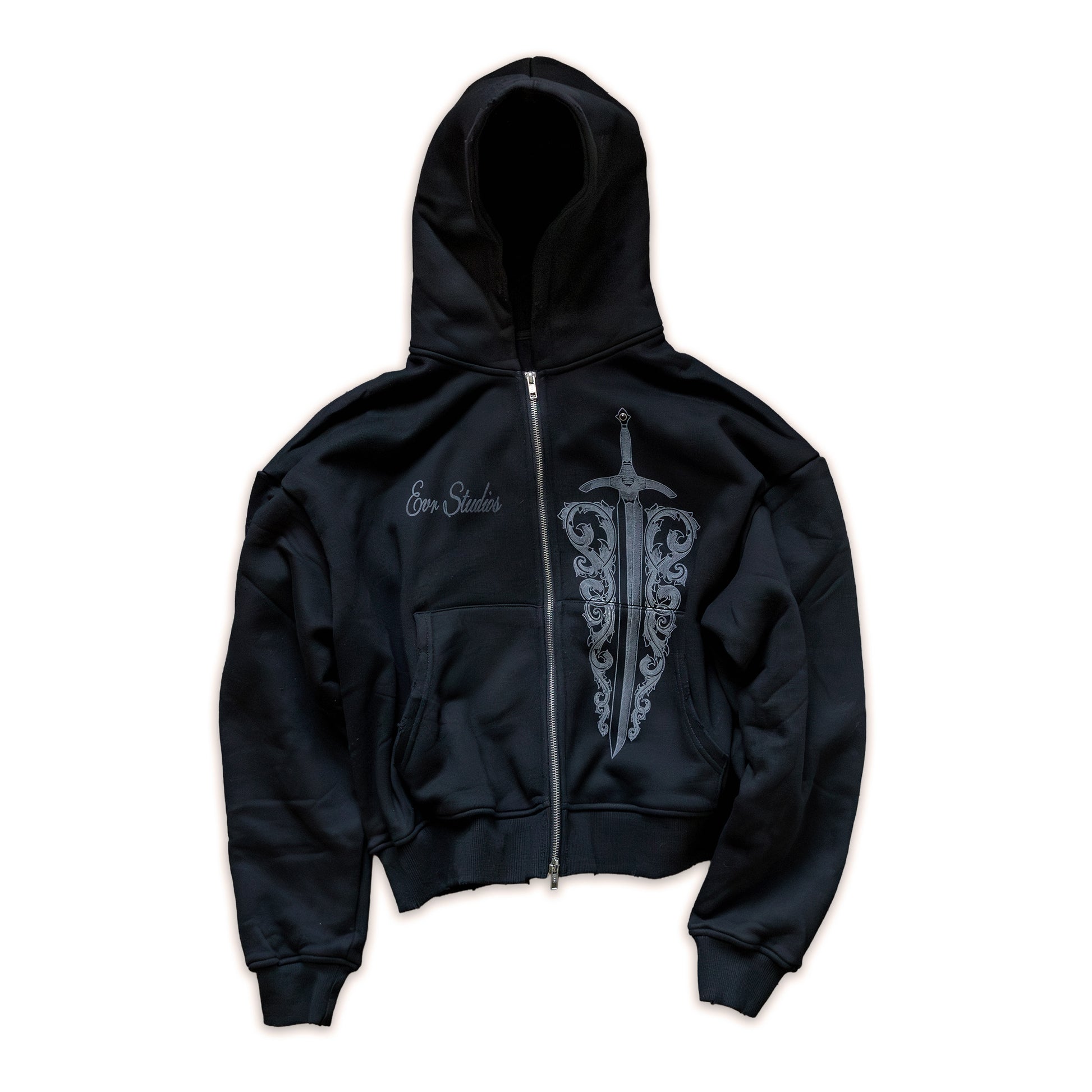Black hoodie with a dagger design and text on a white background