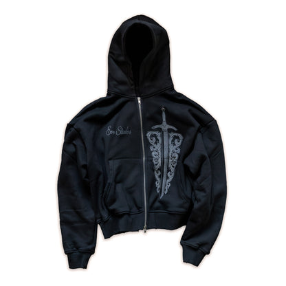 Black hoodie with a dagger design and text on a white background