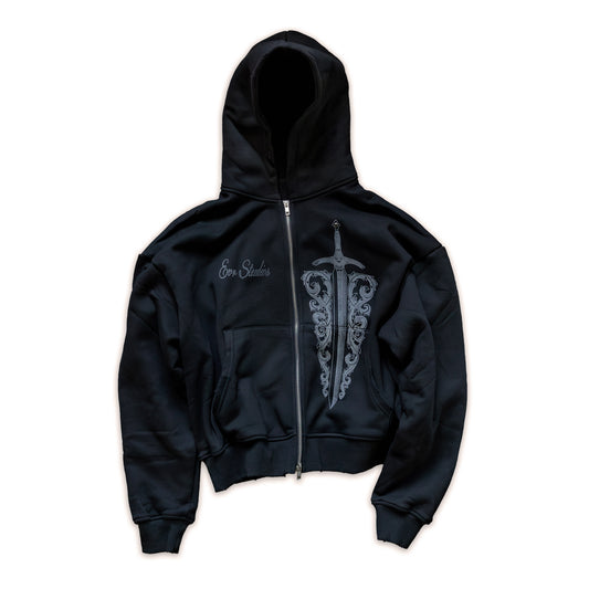 Black hoodie with a dagger design and text on a white background