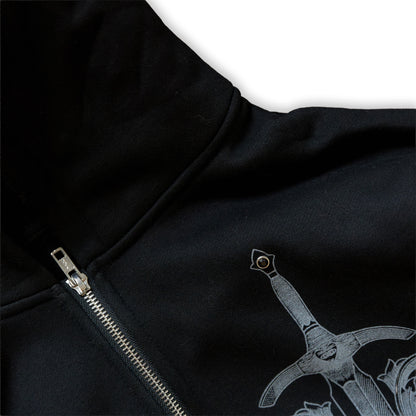 Black hoodie with zipper and graphic design on a white background