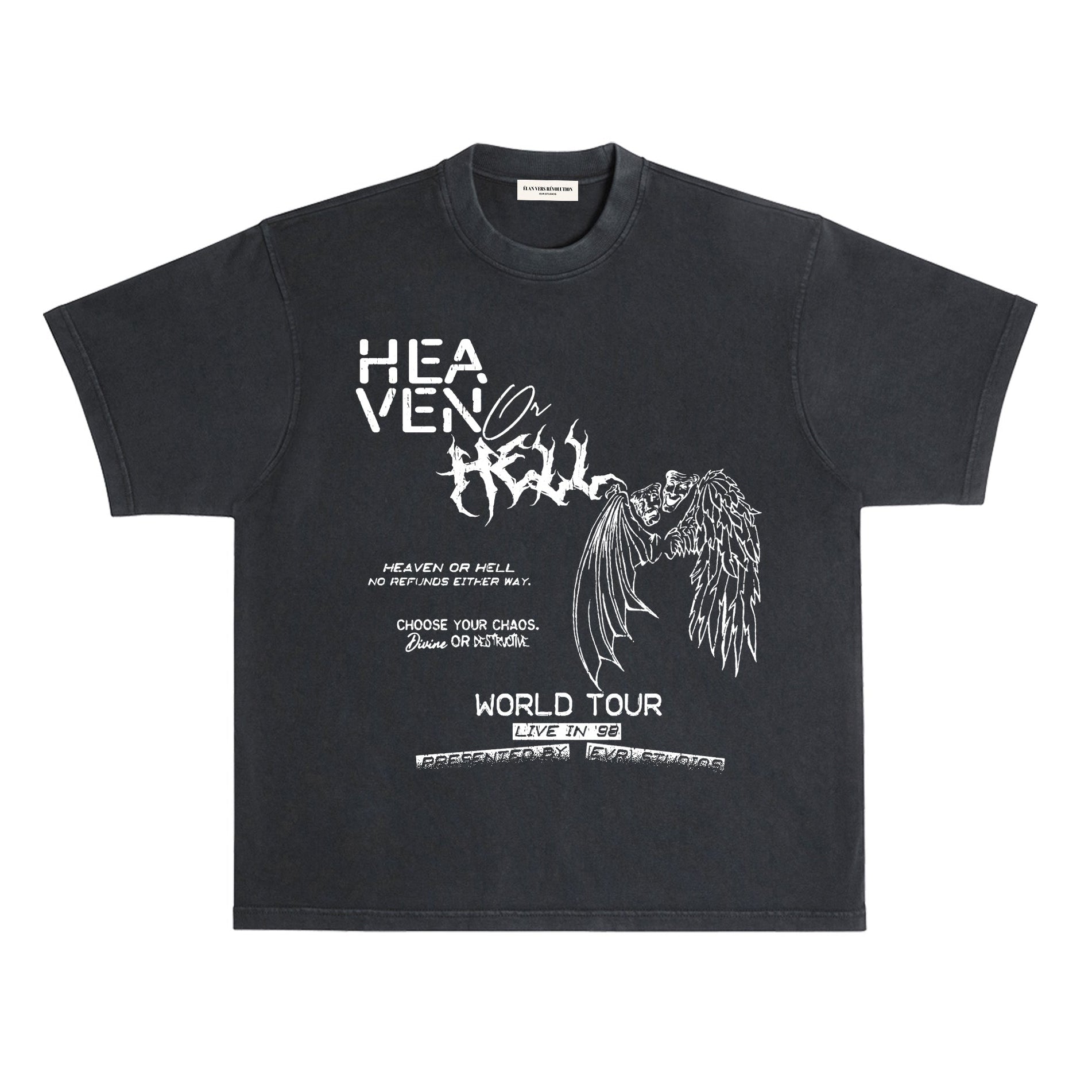 Black t-shirt with white graphic design on a white background