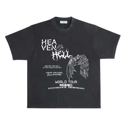 Black t-shirt with white graphic design on a white background