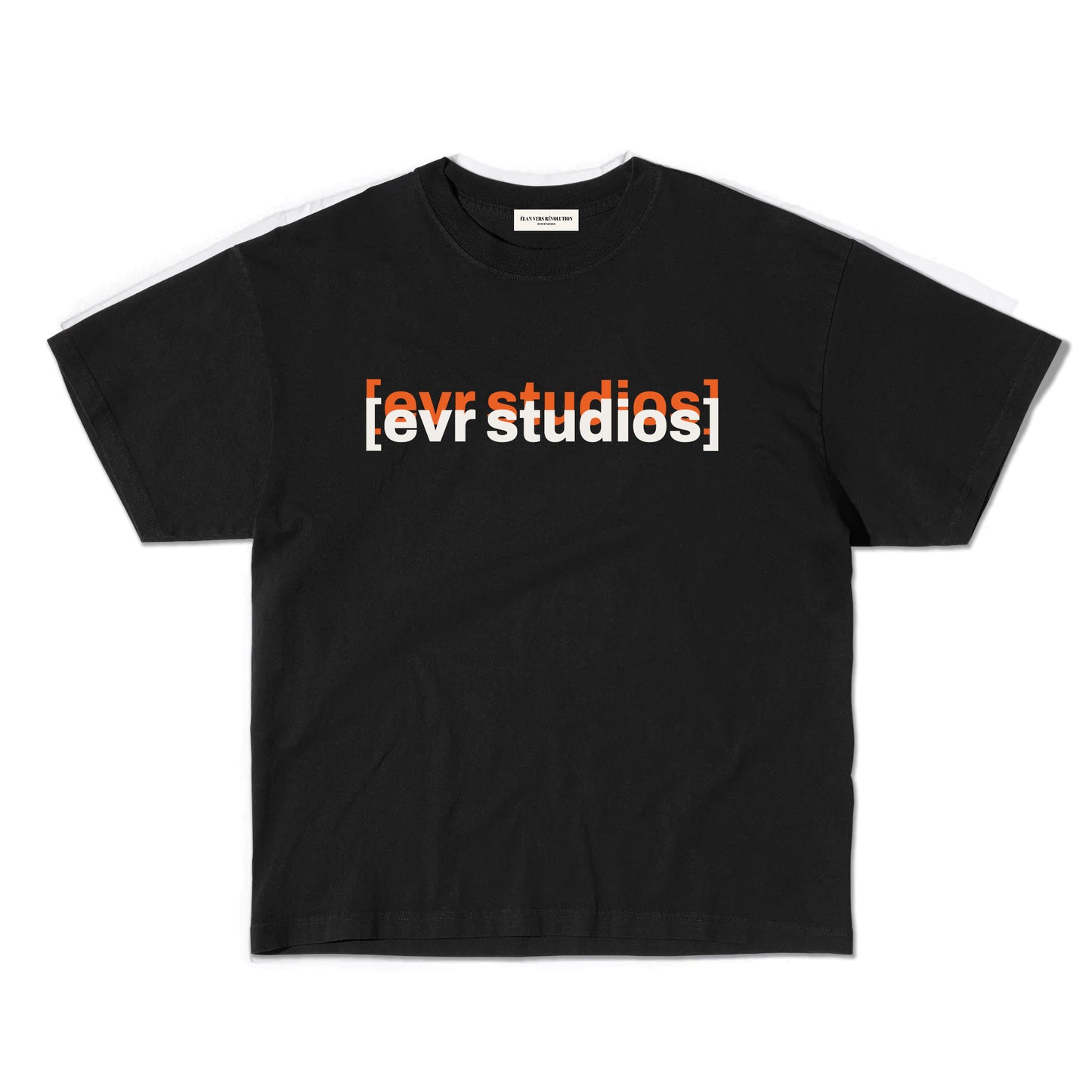 Black t-shirt with 'evr studios' text on a white background