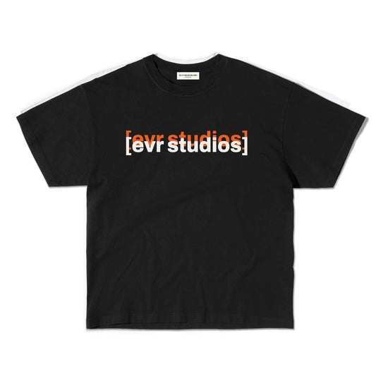 Black t-shirt with 'evr studios' text on a white background