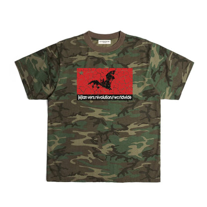 Camouflage t-shirt with a red logo and text on a white background