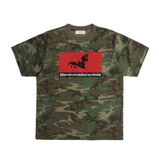 Camouflage t-shirt with a red logo and text on a white background