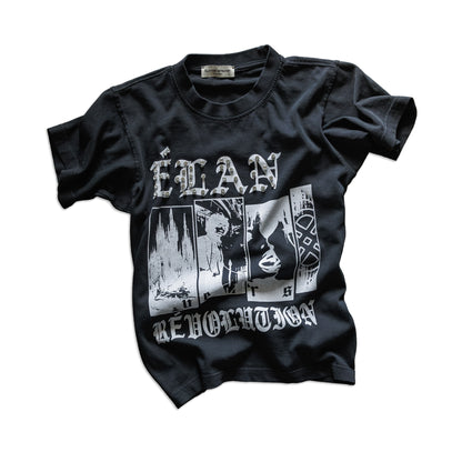 Black t-shirt with graphic design and text on a white background