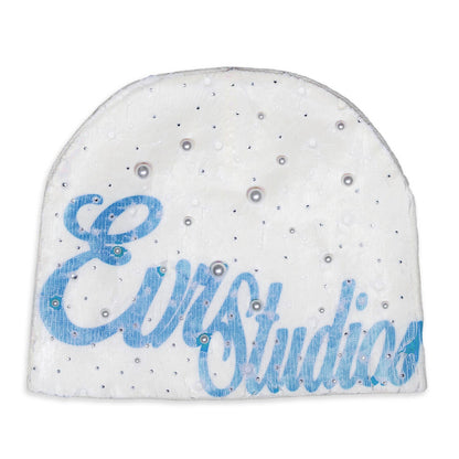 White beanie with blue text and decorative stones on a white background