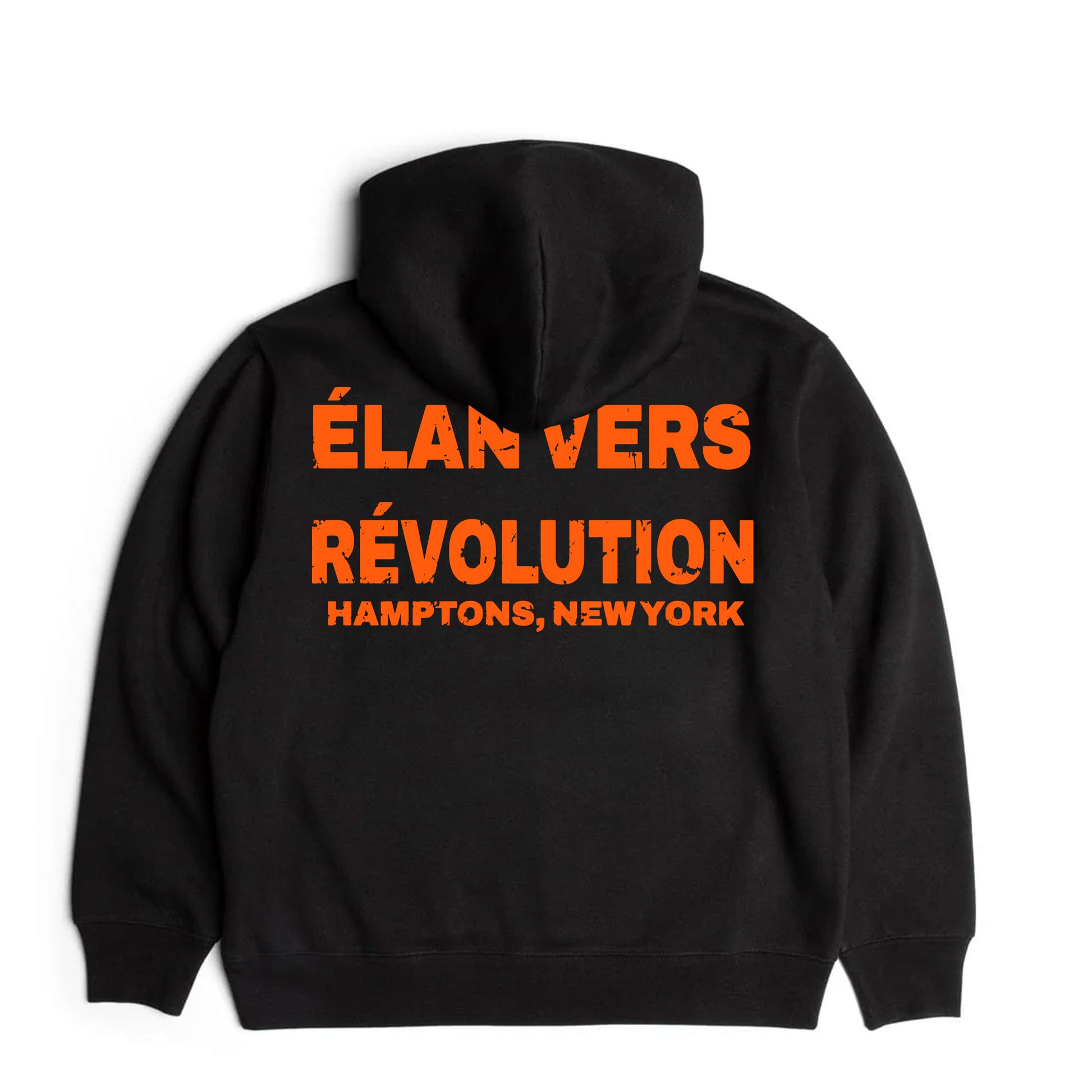 Black hoodie with orange text on a white background