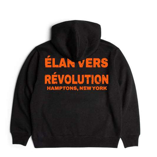 Black hoodie with orange text on a white background