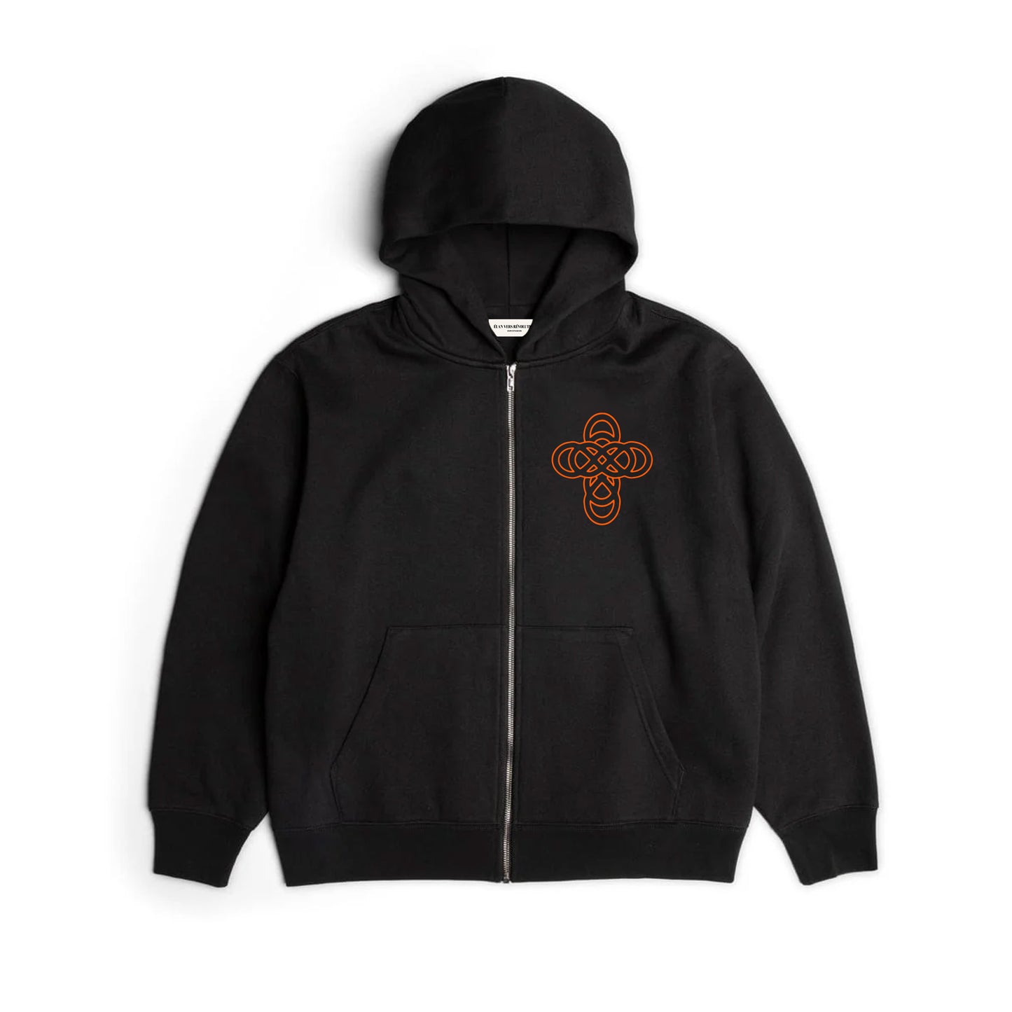 Black hoodie with a logo on the chest against a white background