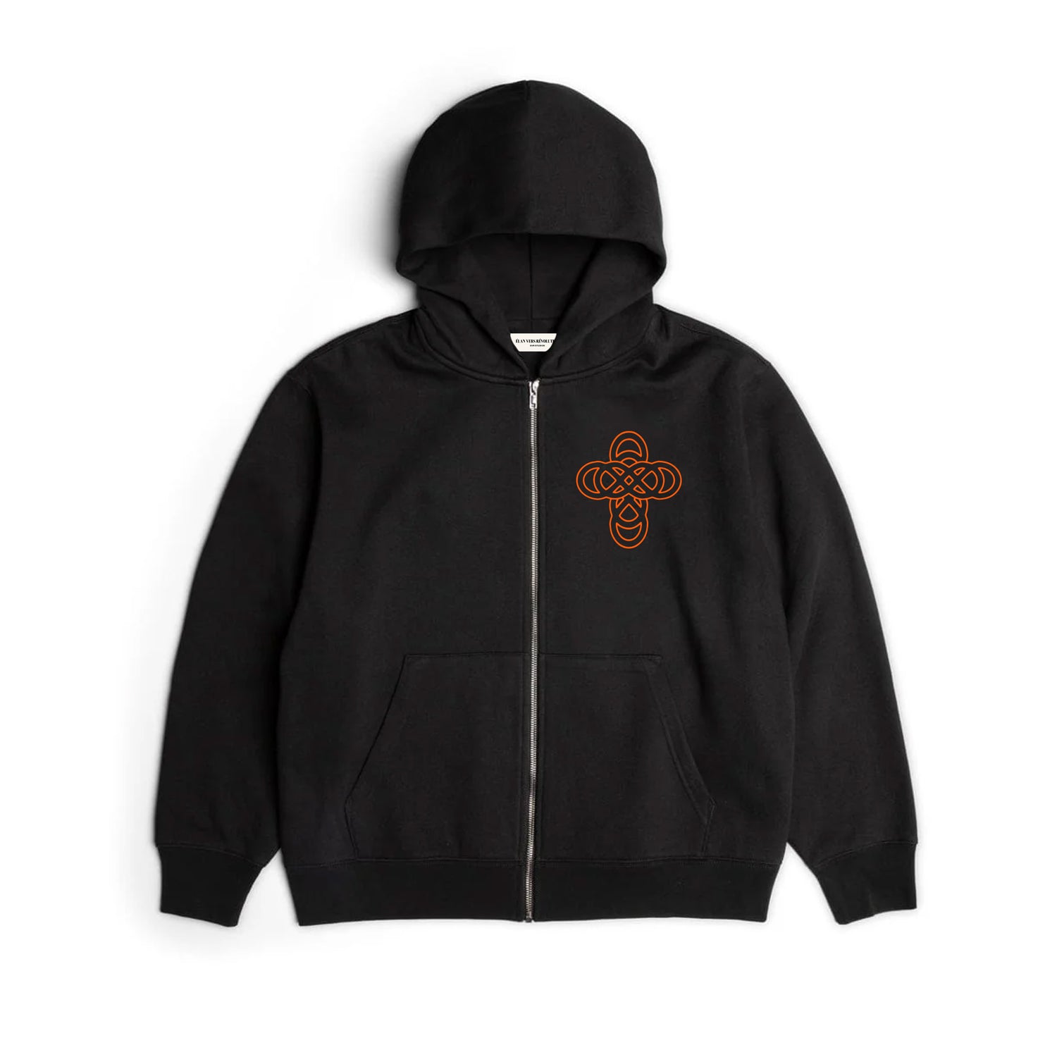 Black hoodie with a logo on the chest against a white background