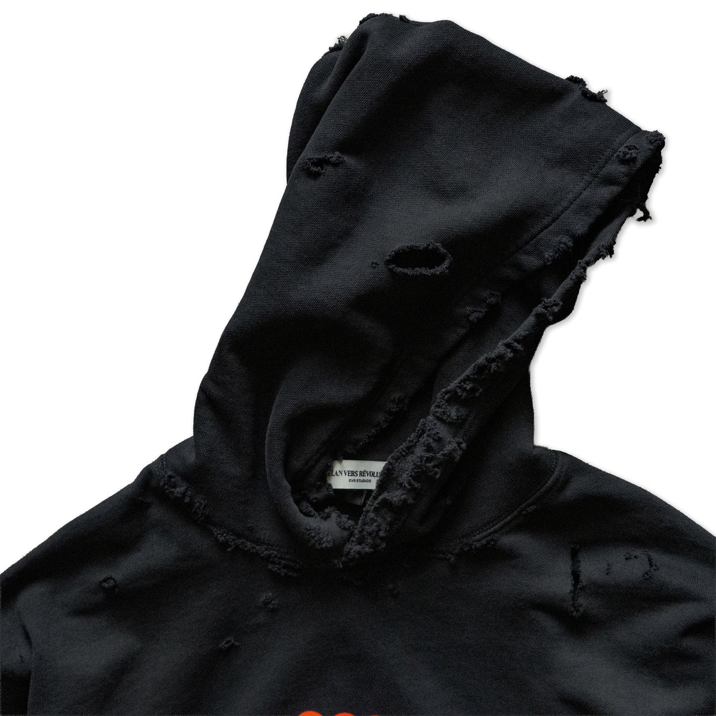 Black distressed hoodie with a visible brand label on a white background