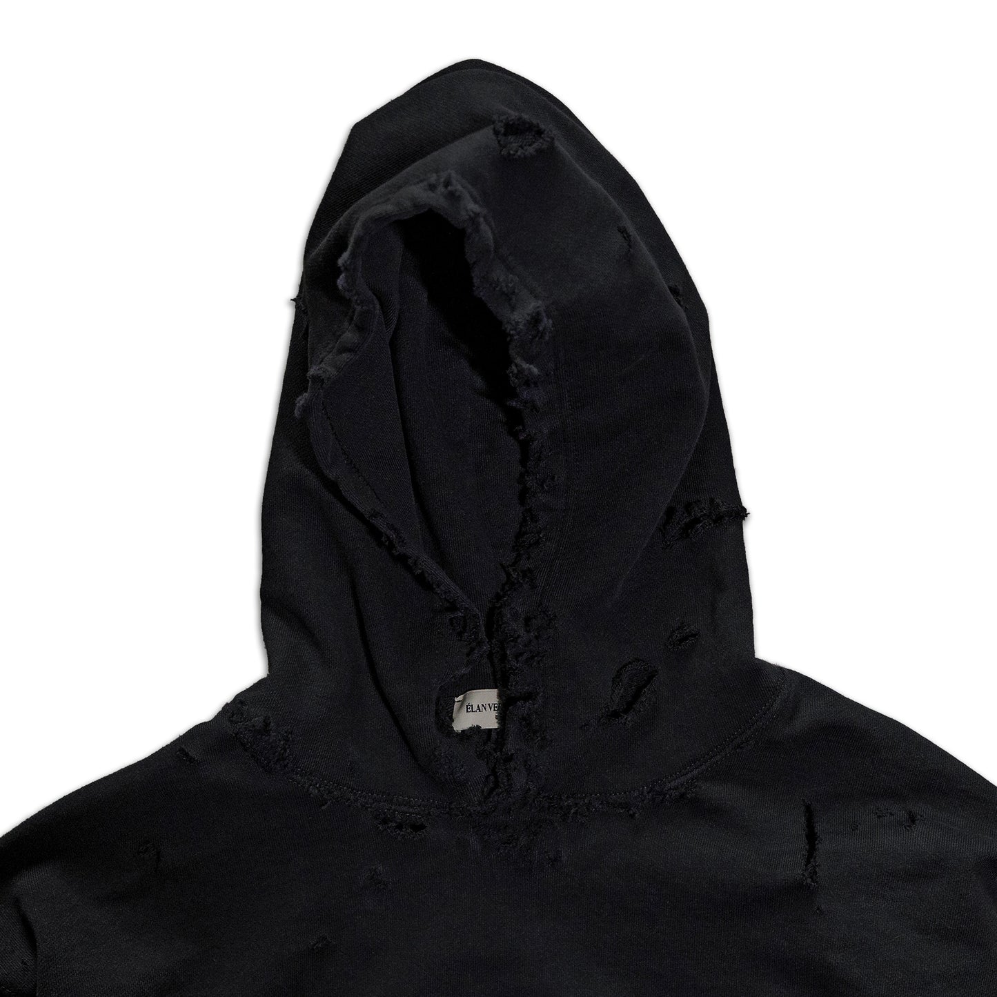 Black hooded garment with a brand label on a white background