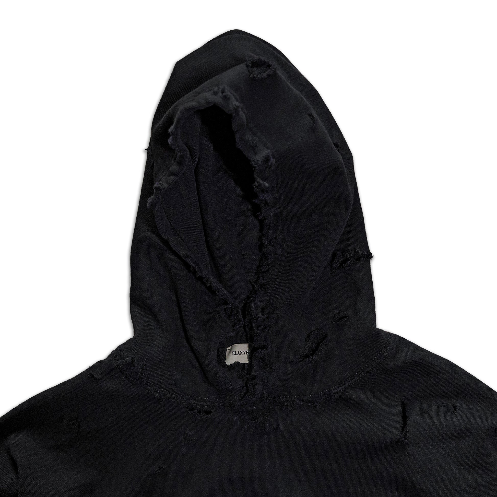 Black hooded garment with a brand label on a white background