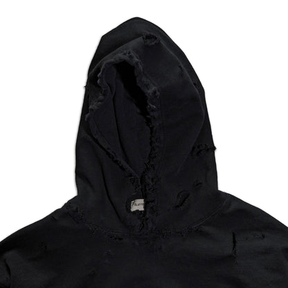Black hooded garment with a brand label on a white background