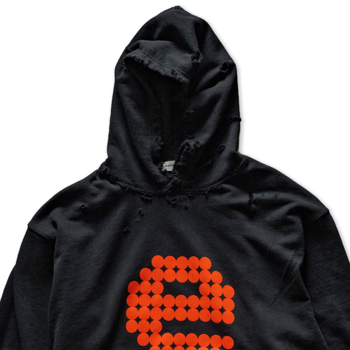 Black hoodie with orange graphic and text on a white background