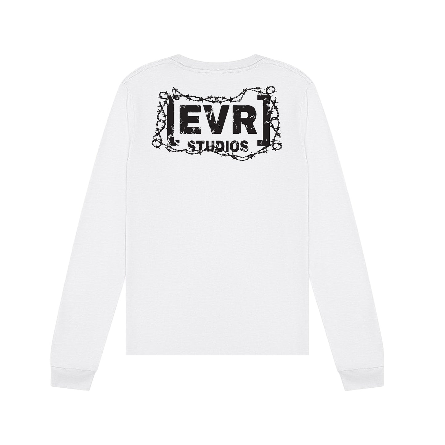 White sweatshirt with 'EVR STUDIOS' logo on a white background
