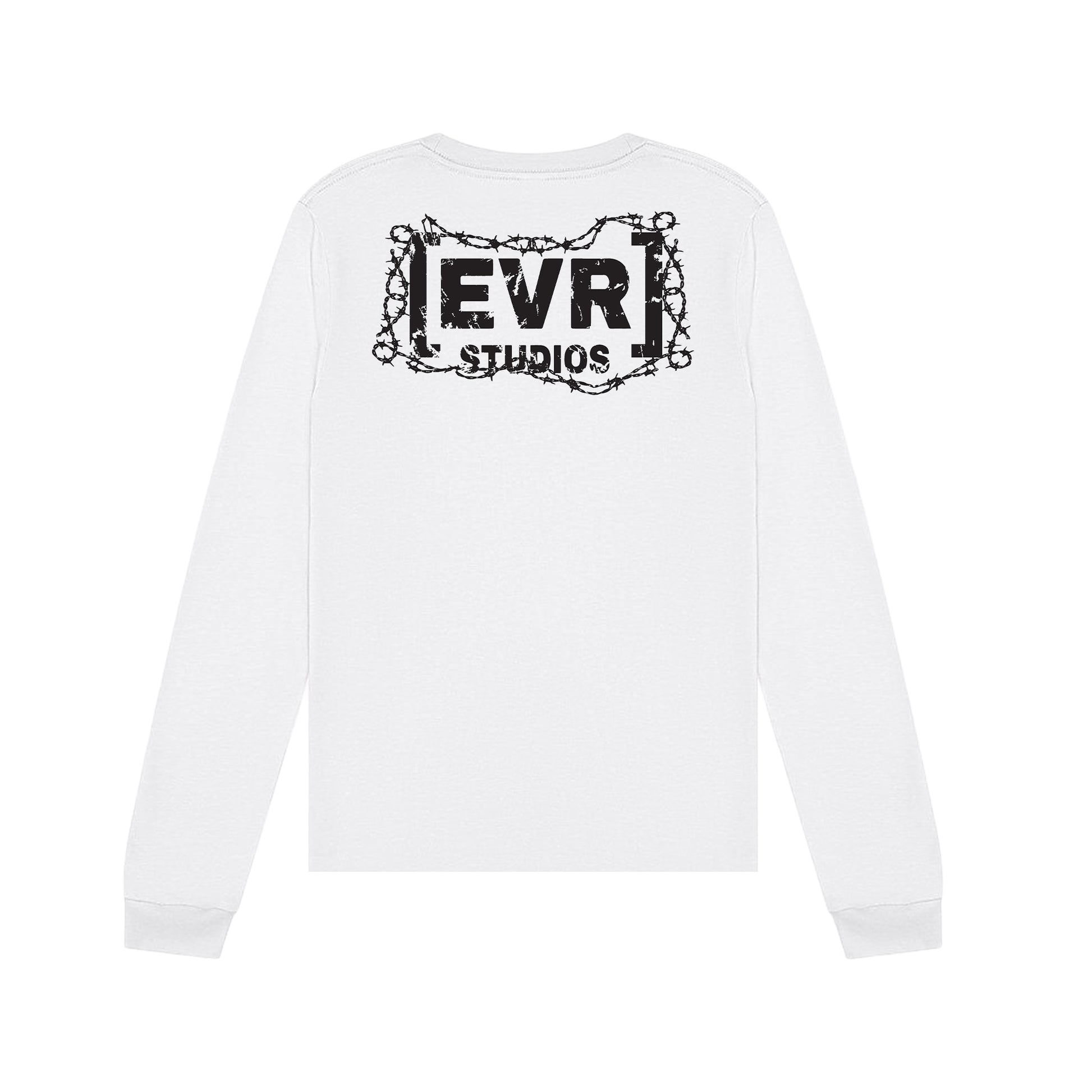 White sweatshirt with 'EVR STUDIOS' logo on a white background