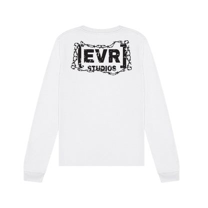 White sweatshirt with 'EVR STUDIOS' logo on a white background