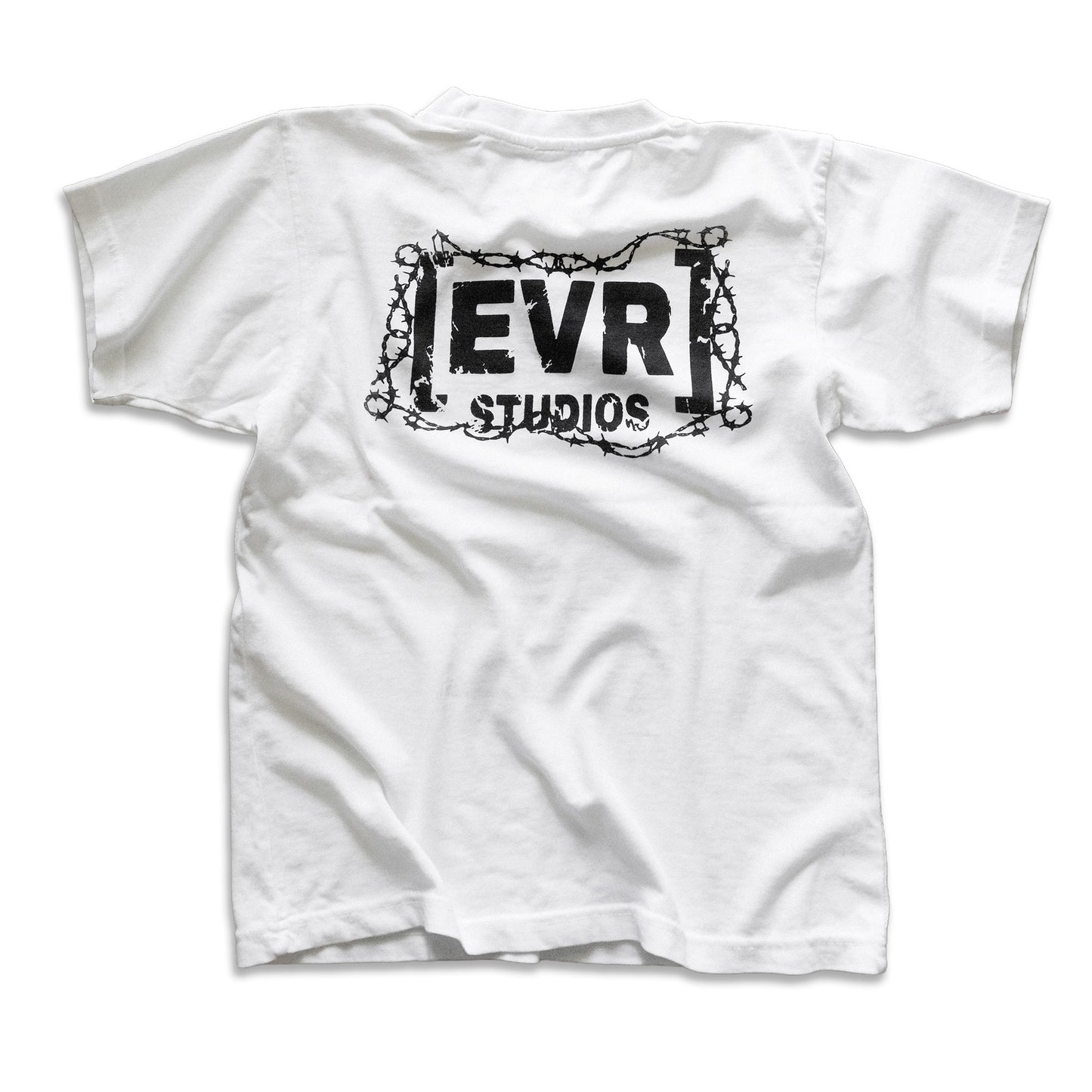 White t-shirt with 'EVR STUDIOS' logo on a white background