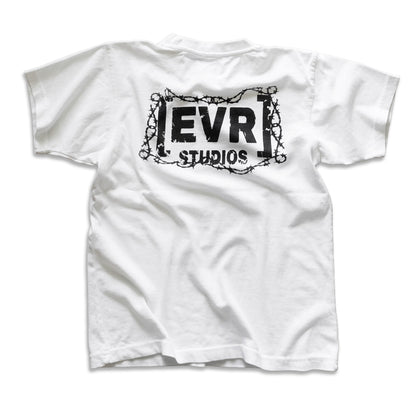 White t-shirt with 'EVR STUDIOS' logo on a white background