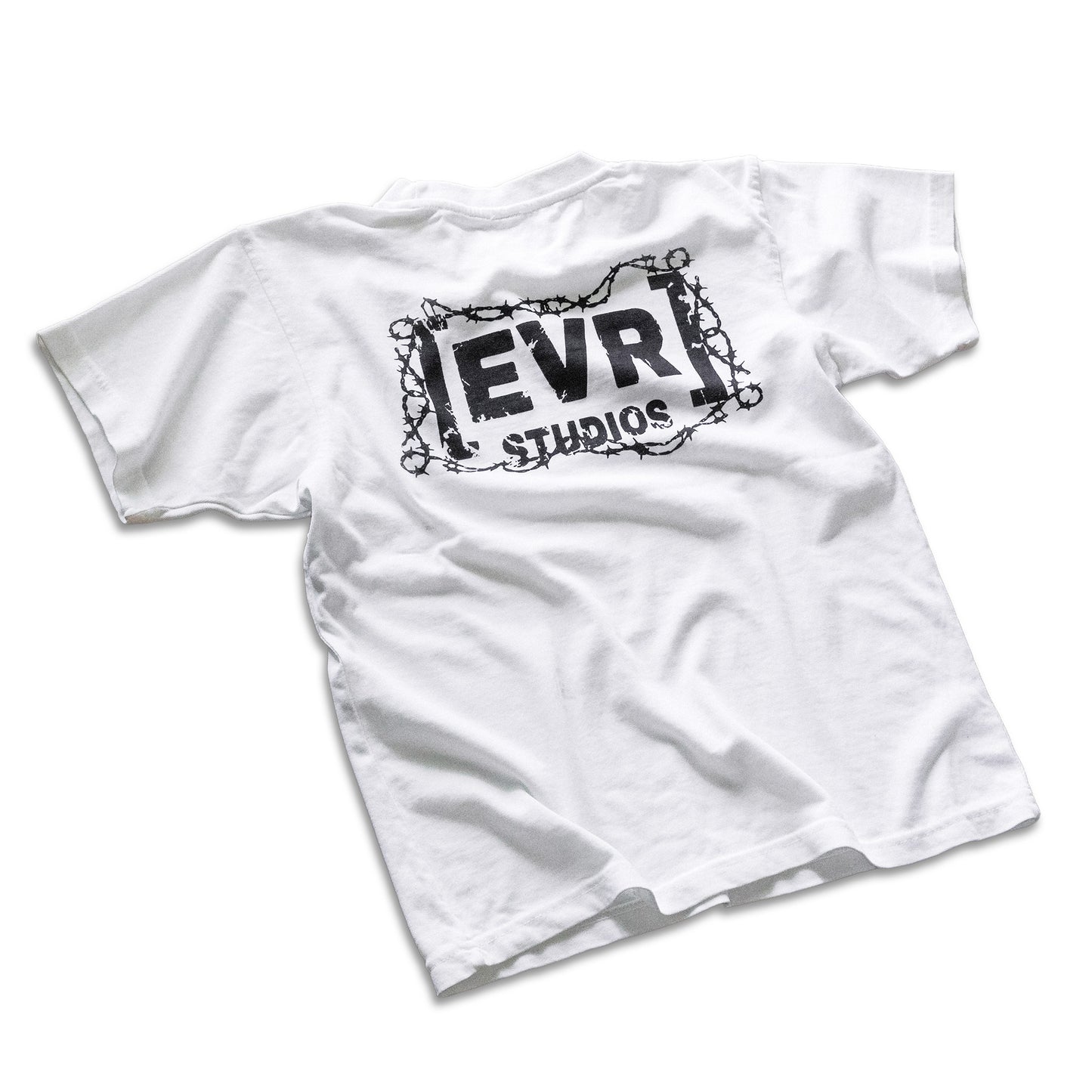 White t-shirt with 'EVR STUDIOS' logo on a white background