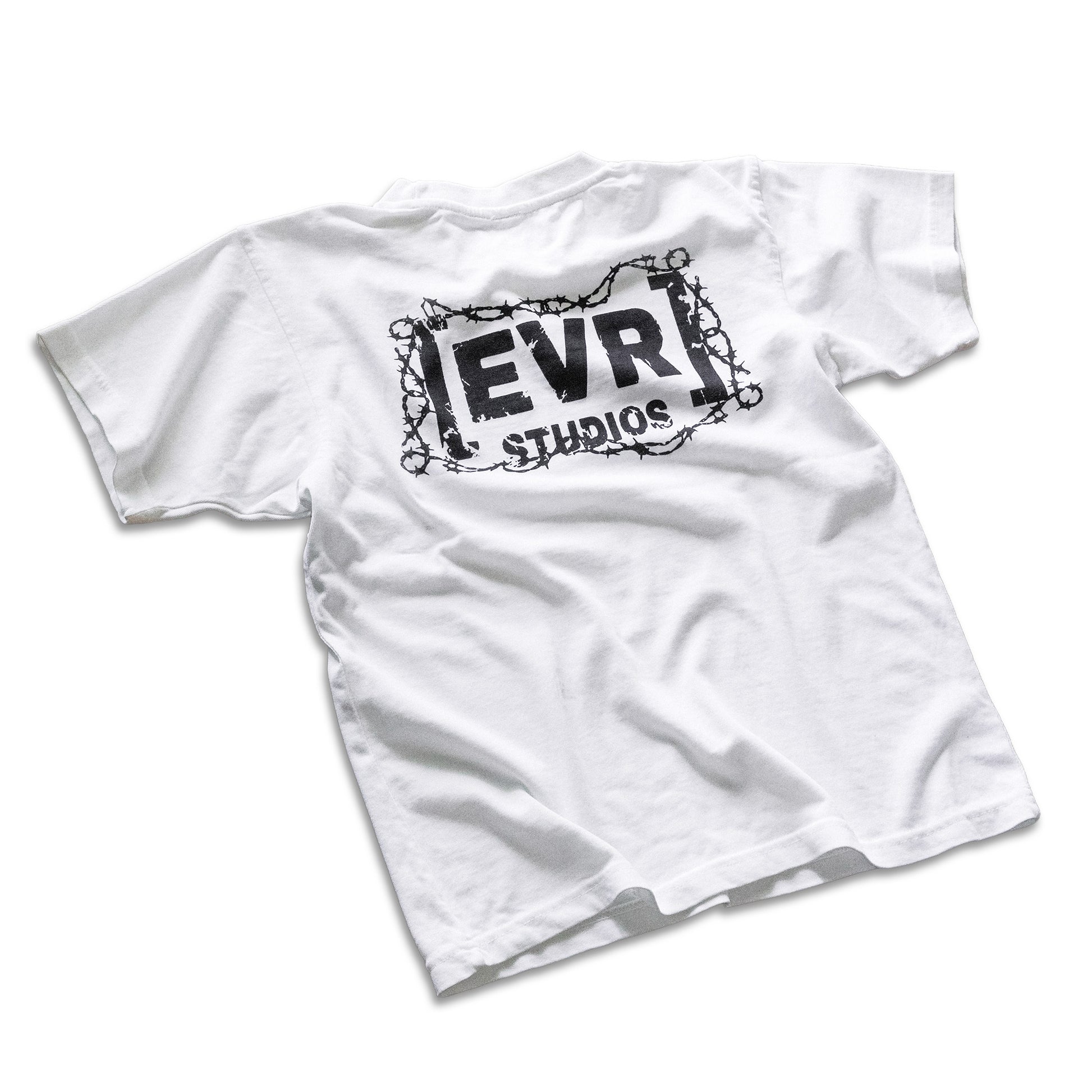 White t-shirt with 'EVR STUDIOS' logo on a white background