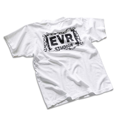 White t-shirt with 'EVR STUDIOS' logo on a white background