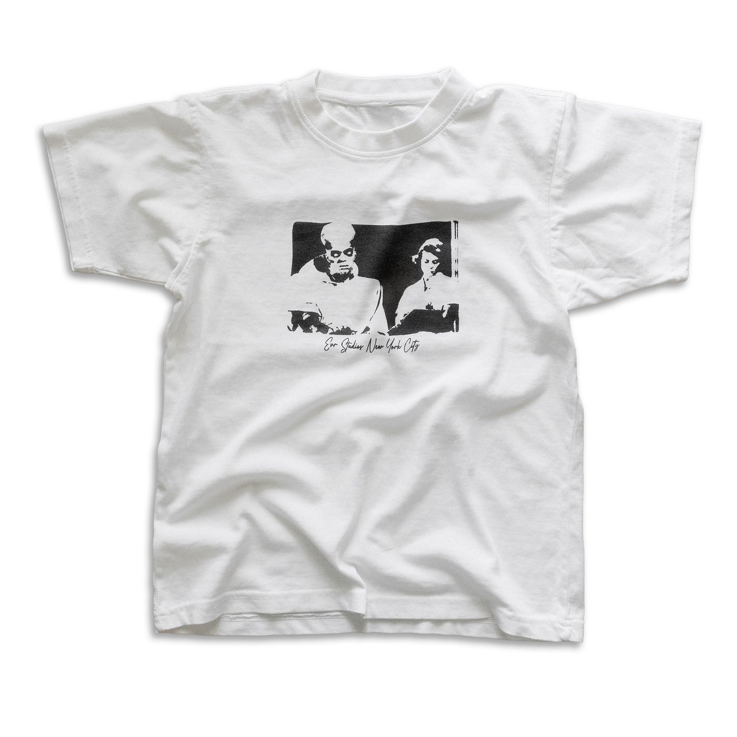 White t-shirt with black and white graphic design on a white background