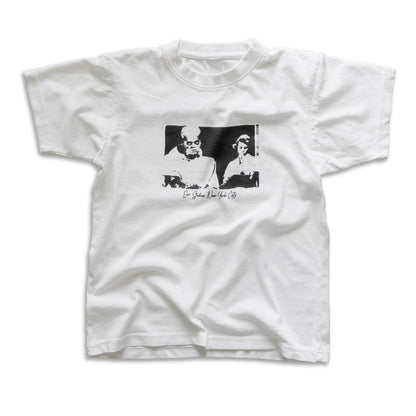 White t-shirt with black and white graphic design on a white background