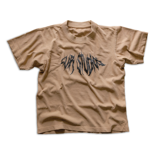 Beige t-shirt with black text design on front