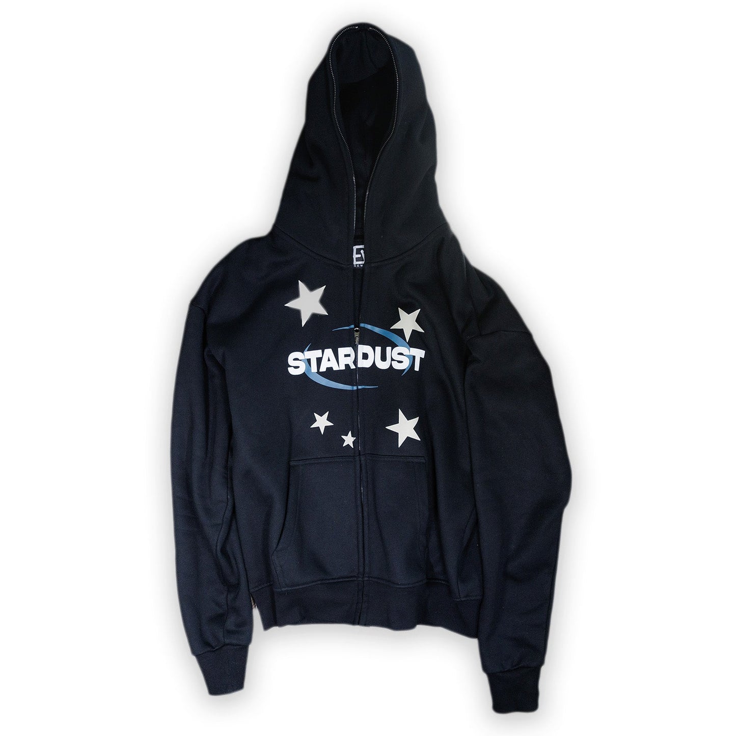 Black hoodie with 'Stardust' text and star graphics on a white background
