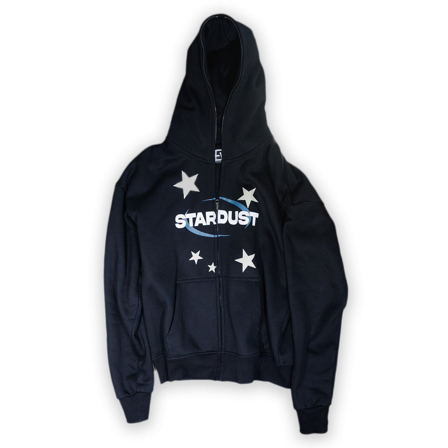 Black hoodie with 'Stardust' text and star graphics on a white background